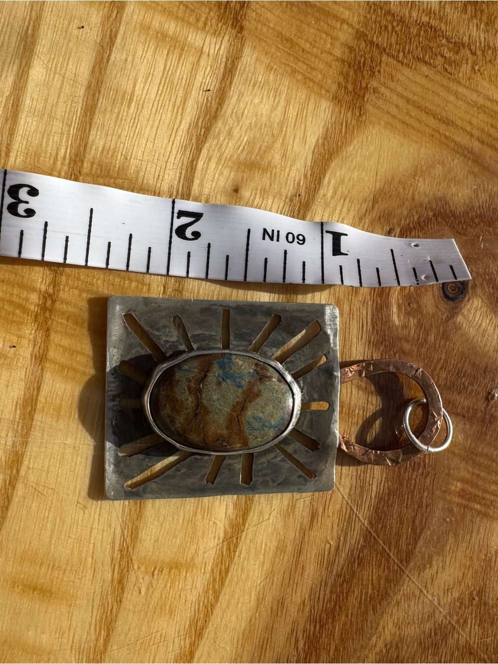Handmade Silver & Copper Sunburst Pendant Necklace with Turquoise - Picture 5 of 5